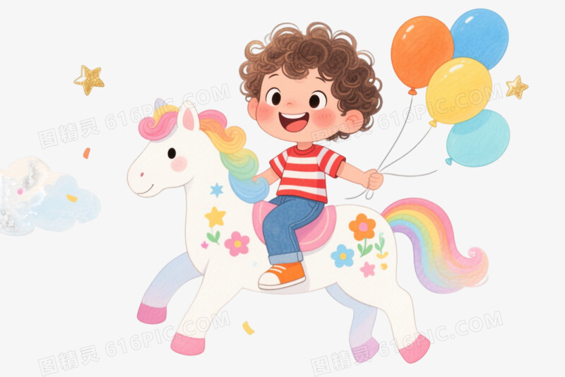水彩风卷发男孩骑马漂浮元素