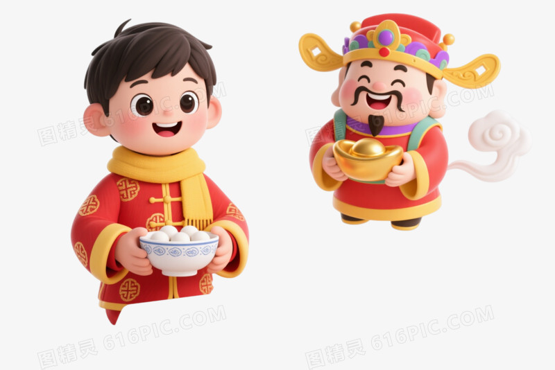 红唐装男孩Q版卡通手绘元素