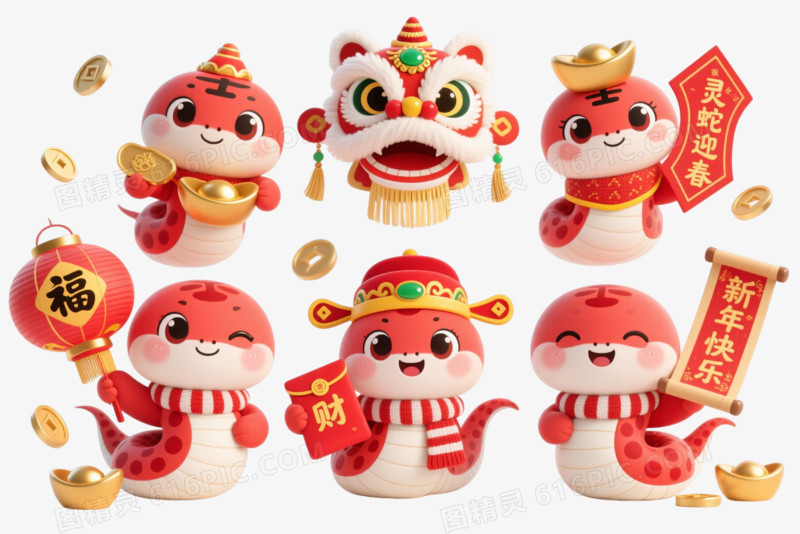 红色卡通蛇年吉祥物漂浮元素