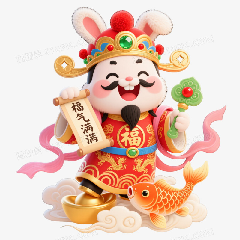 Q版兔耳财神爷卡通手绘元素