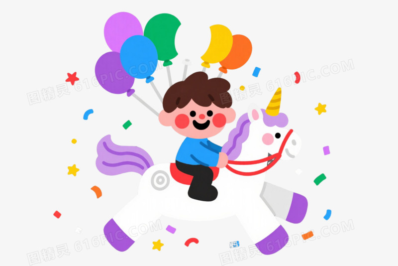笑容男孩骑独角兽扁平插画元素