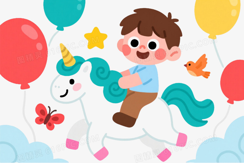 棕色男孩骑独角兽漂浮元素