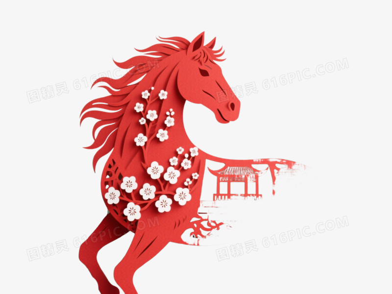 红马镂空亭台楼阁剪纸风格装饰图案