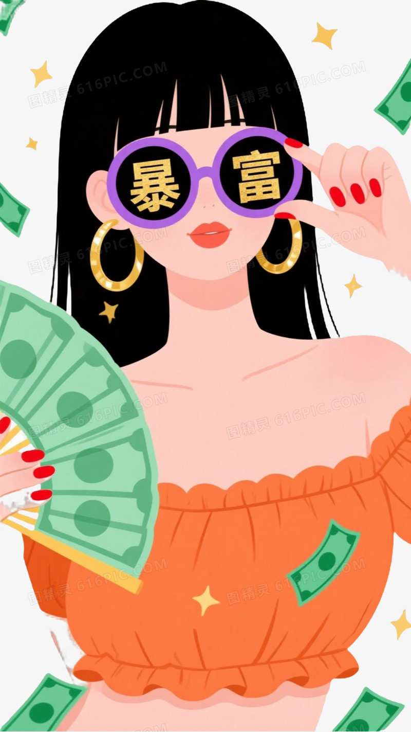 黑长直少女扁平插画元素