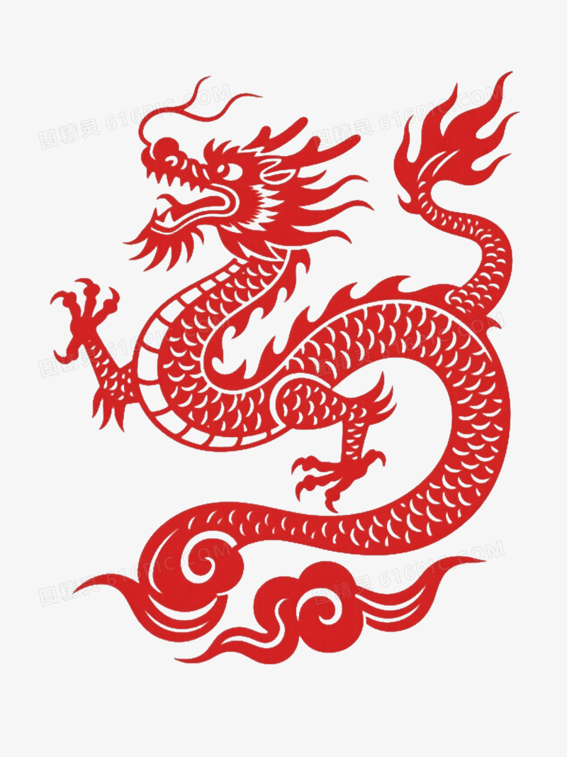 红色中国龙剪纸风格节日元素
