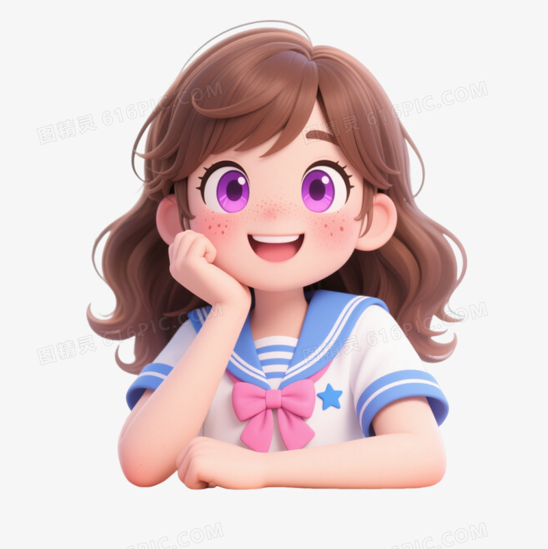 棕发雀斑少女卡通手绘元素