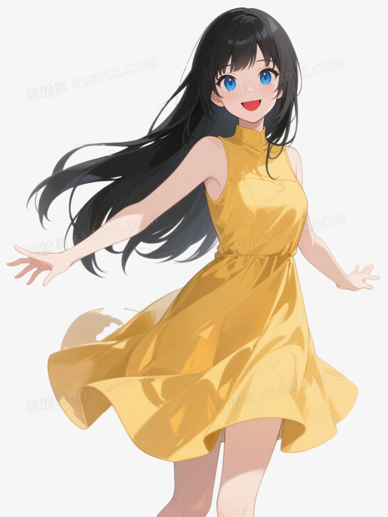 金黄连衣裙黑长直卡通手绘元素