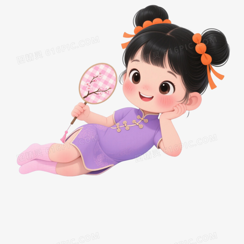 橙饰黑丸子头女孩卡通手绘元素