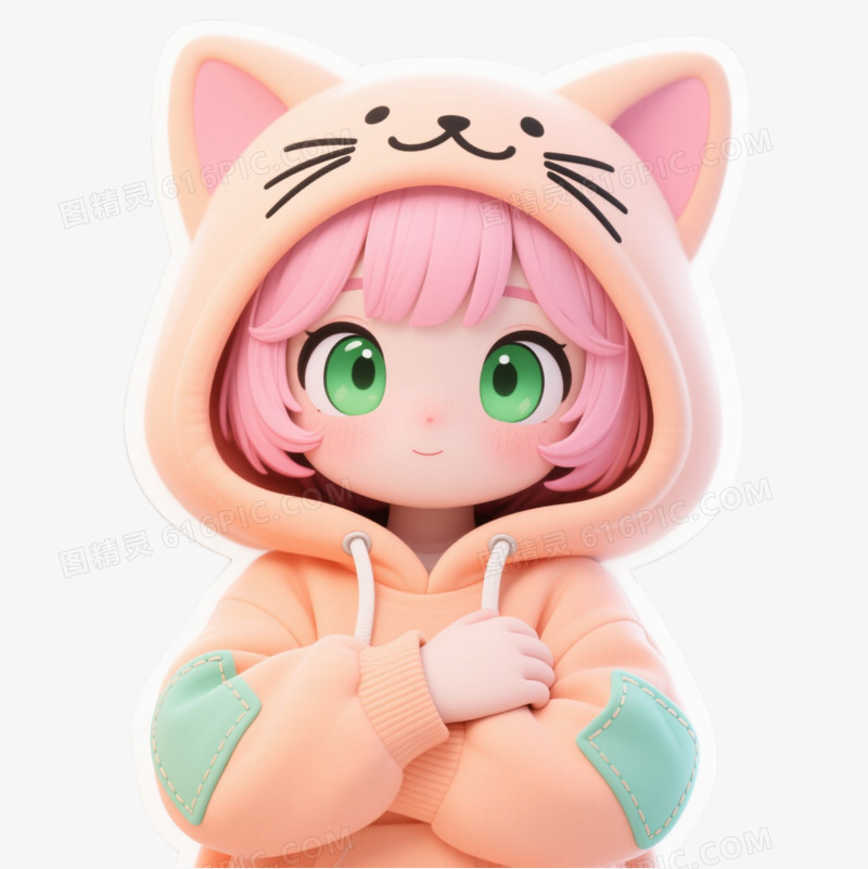 粉色短发少女卡通手绘元素