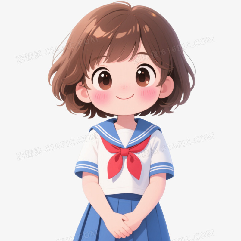 蓝白水手服Q版少女卡通手绘元素