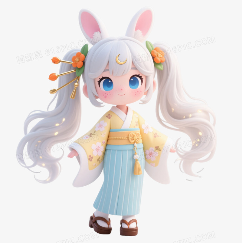 银发兔耳少女卡通手绘元素