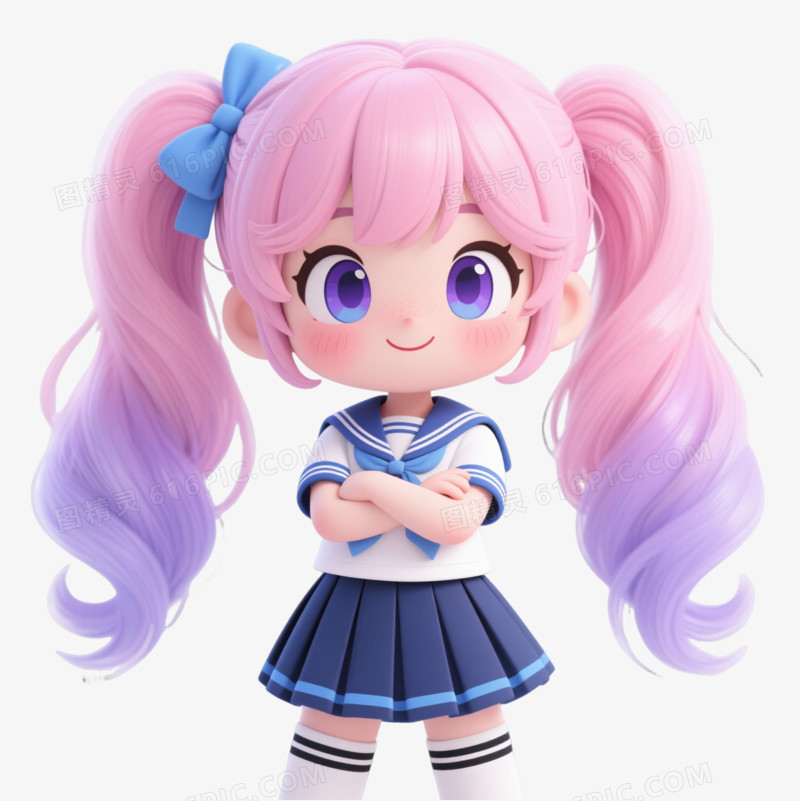 粉紫双马尾少女卡通手绘元素