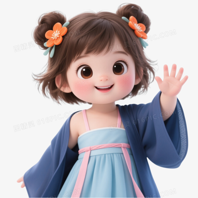 棕发丸子头Q版小女孩卡通手绘元素