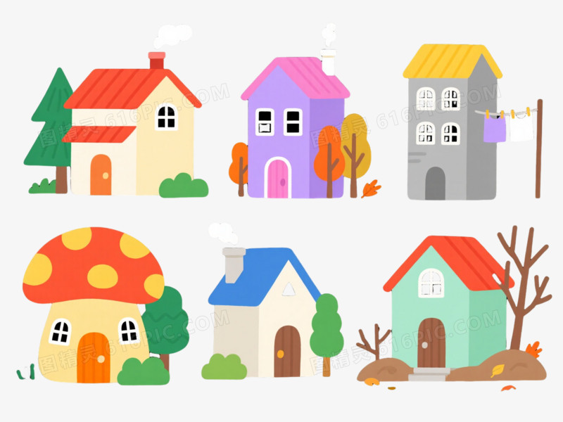 九座卡通小屋扁平插画元素