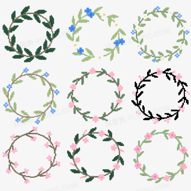 九组月桂花环卡通手绘元素