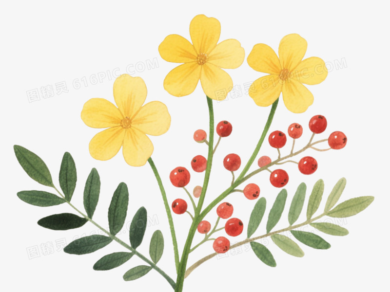 明黄五瓣花水彩手绘元素