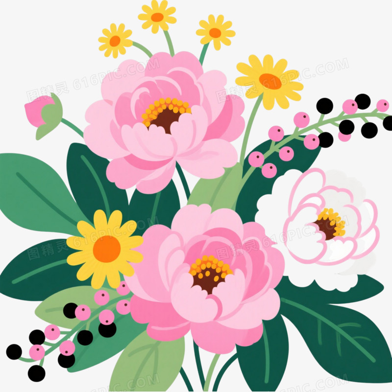 粉牡丹黄菊扁平插画元素