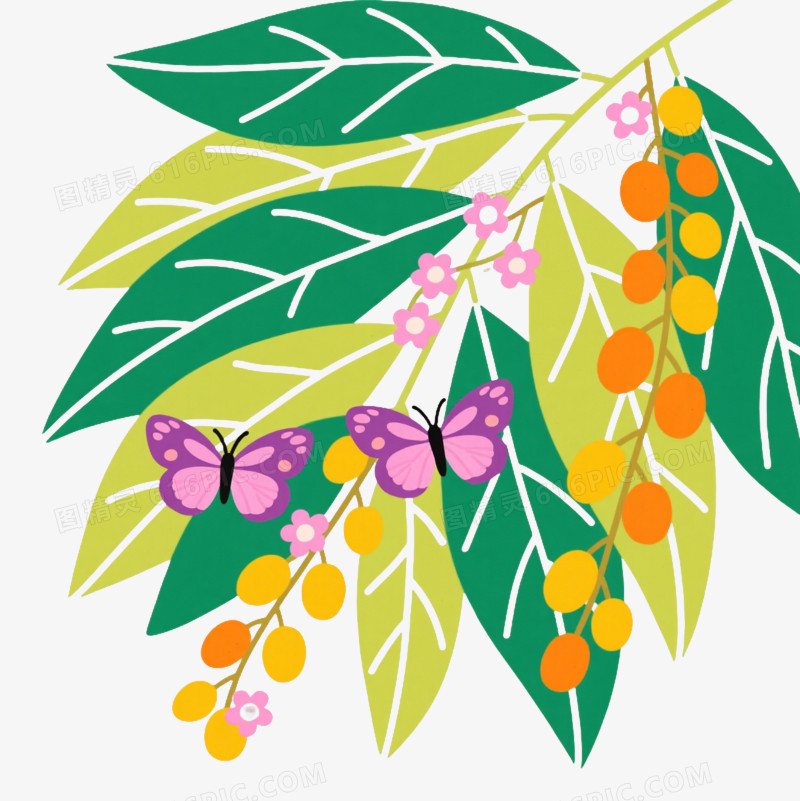 绿黄叠叶粉蝶扁平插画元素