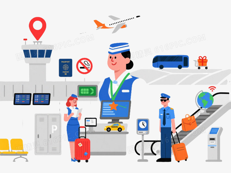 机场场景扁平插画元素