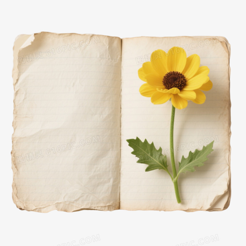 泛黄笔记本与黄花写实元素
