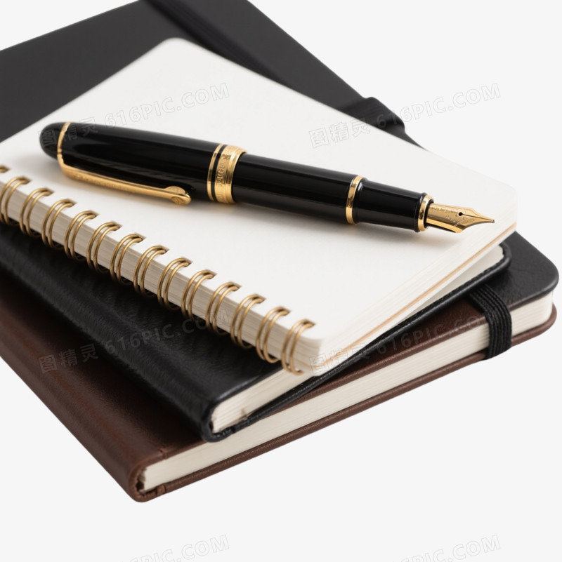 三本堆叠笔记本与黑金钢笔产品实物元素