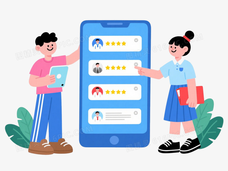 蓝屏双人卡通手绘元素