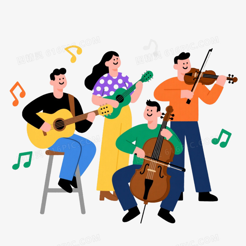 四位音乐家扁平插画漂浮元素