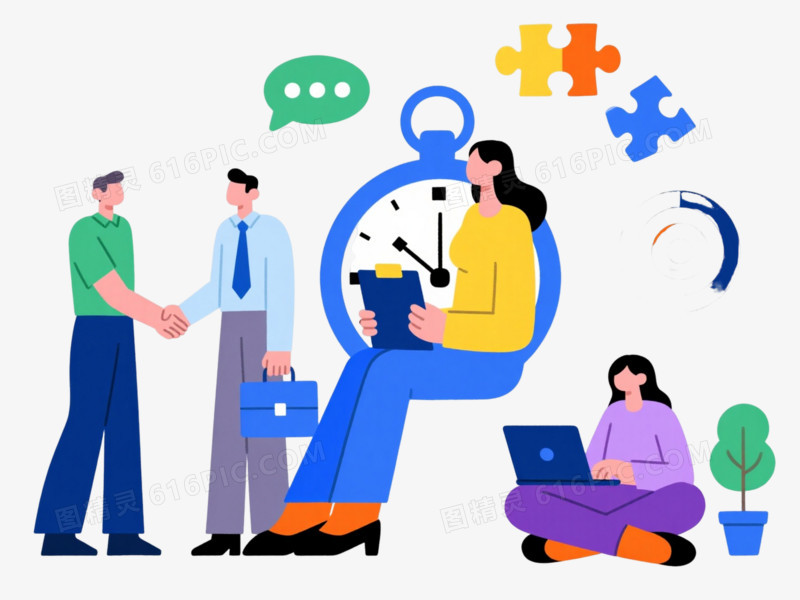 蓝色怀表商务场景扁平插画元素