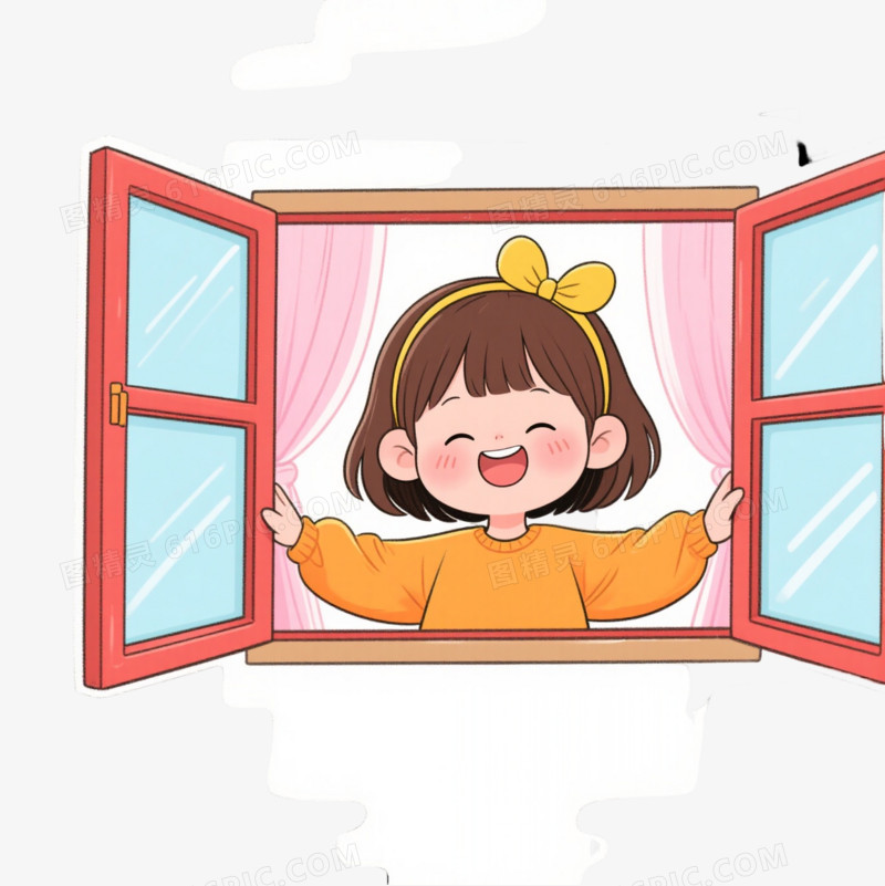 棕发女孩推窗卡通手绘元素