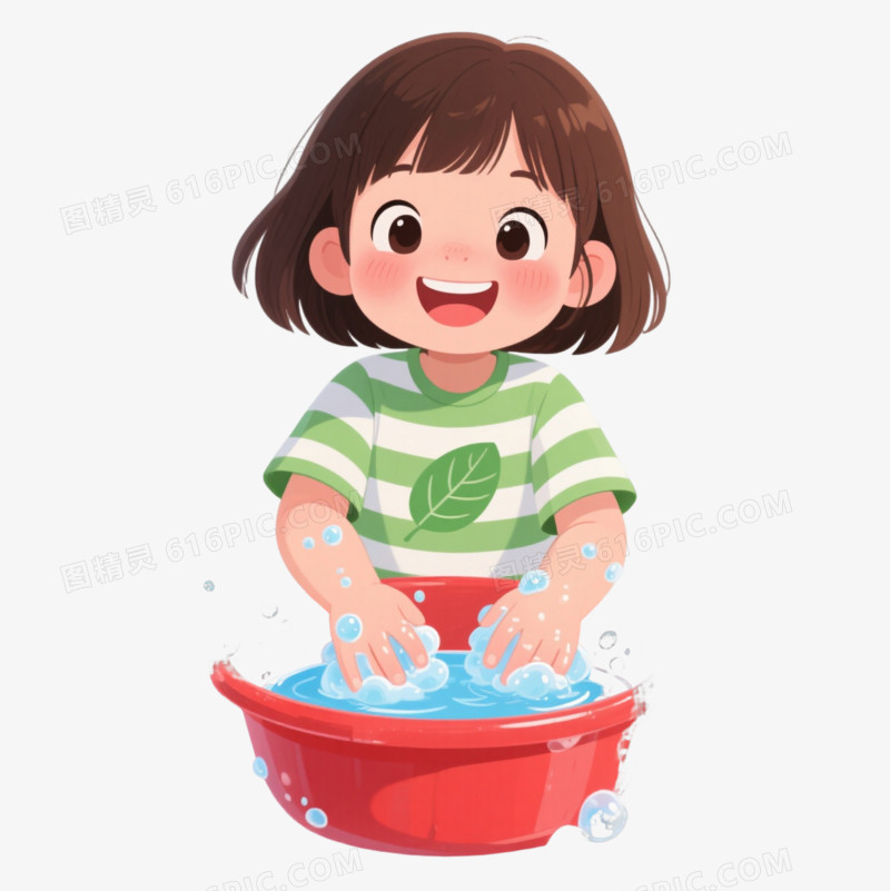 开心女孩洗盆卡通手绘元素