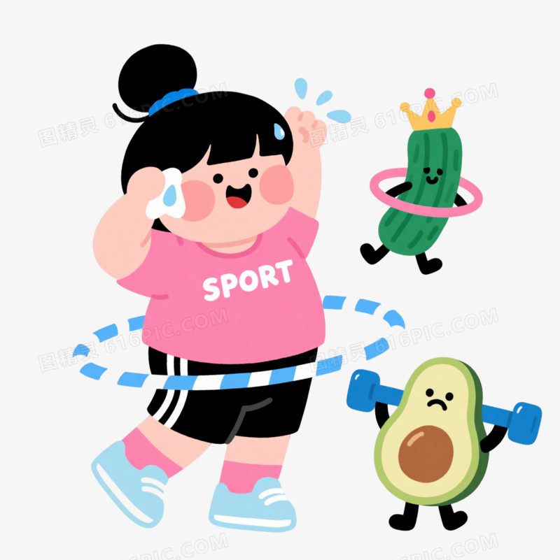 粉蓝运动女孩卡通手绘元素