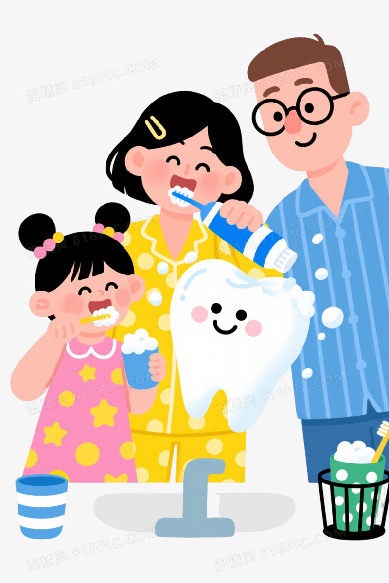 温馨一家三口刷牙卡通手绘元素