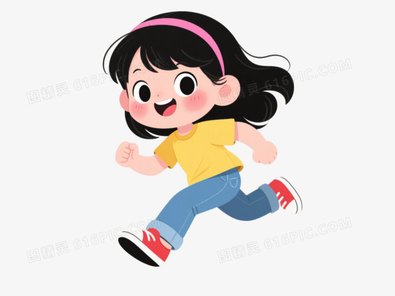 开心奔跑女孩卡通手绘元素