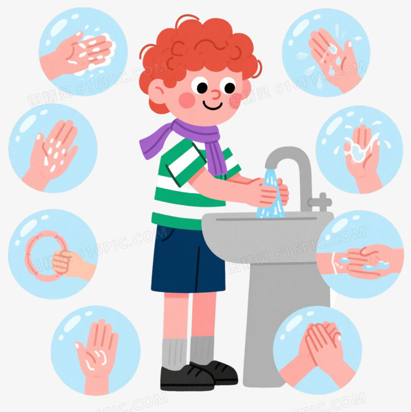 红发男孩洗手扁平插画元素