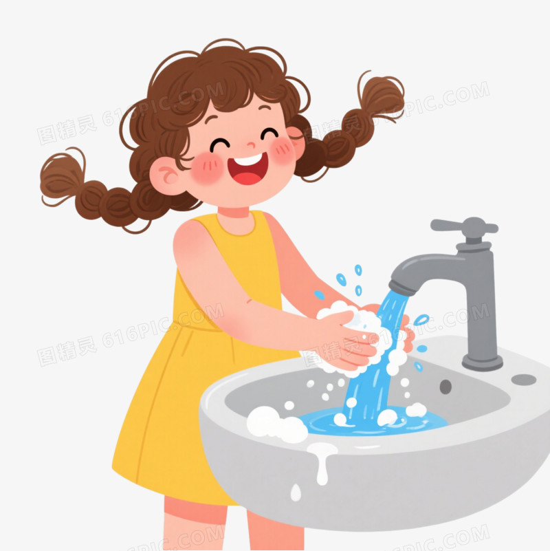 开心女孩接水卡通手绘元素