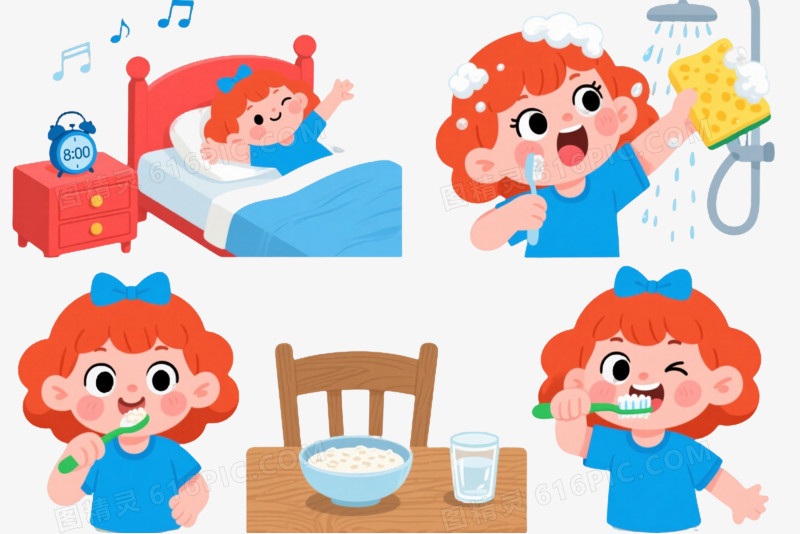 红发女孩六场景卡通手绘元素