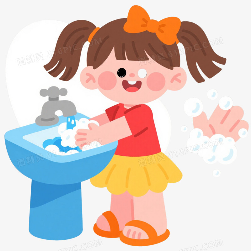 棕发女孩洗手卡通手绘元素