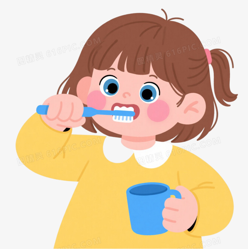 棕发女孩刷牙卡通手绘元素