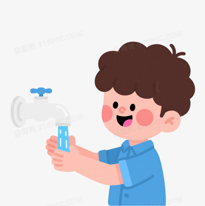 蓝衣男孩洗手卡通手绘元素