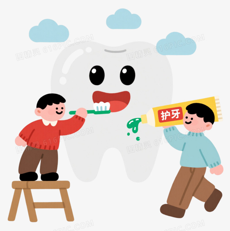 拟人白牙刷牙场景卡通手绘元素