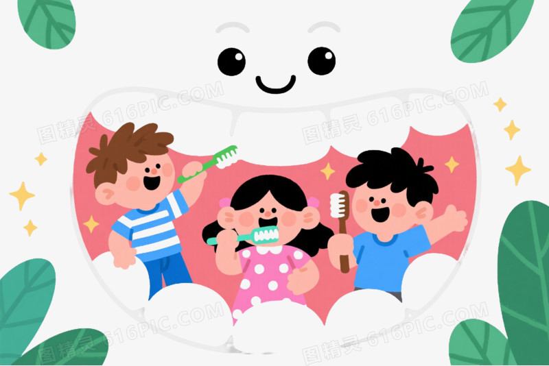 快乐儿童刷牙卡通手绘元素