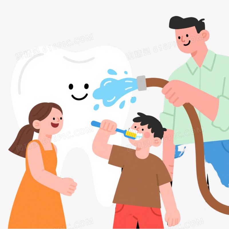 橙绿棕配色一家三口卡通手绘元素