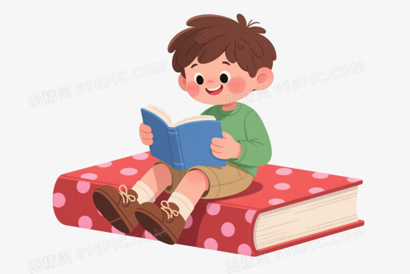 棕发男孩读书卡通手绘元素