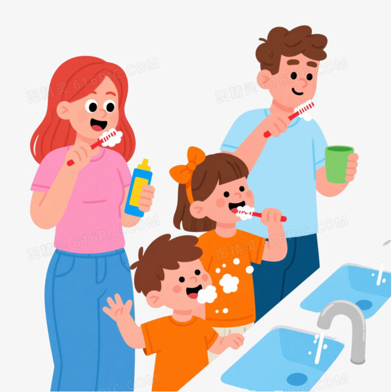 一家四口刷牙卡通手绘元素