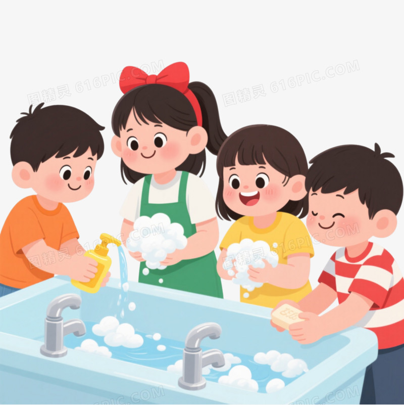 Q版亚洲儿童洗手卡通手绘元素