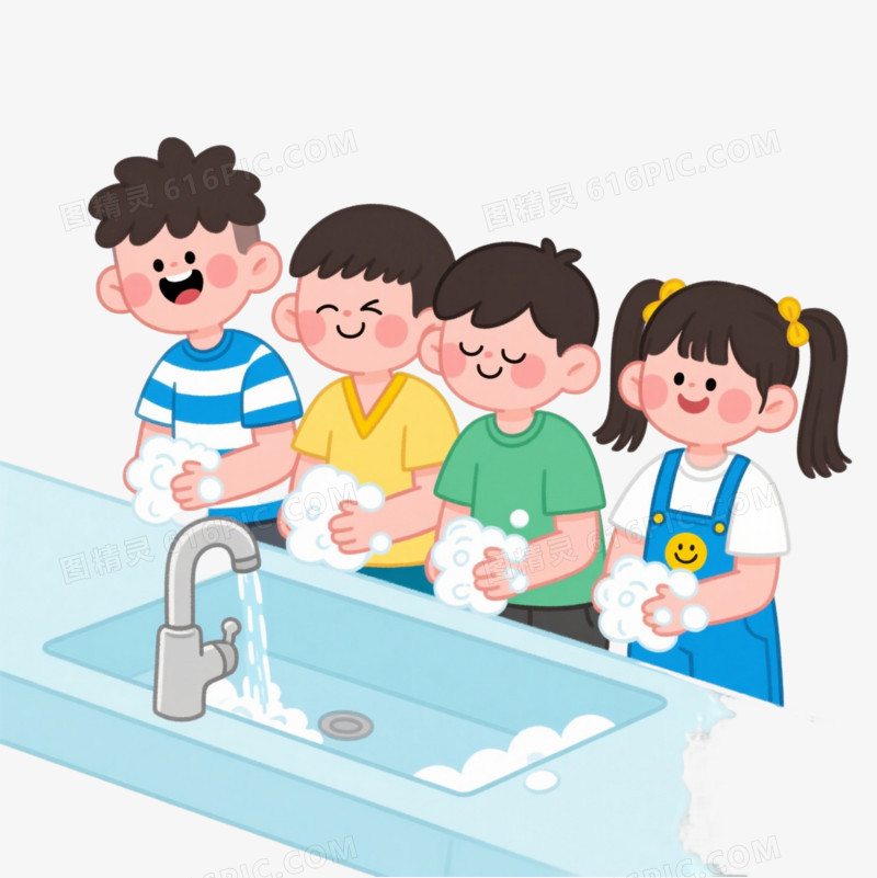 Q版四童洗手卡通手绘元素