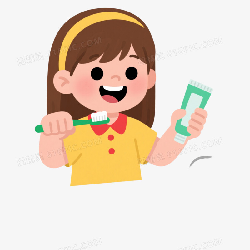 开心女孩刷牙卡通手绘元素