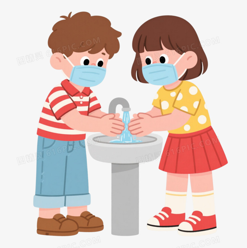 蓝口罩儿童洗手卡通手绘元素