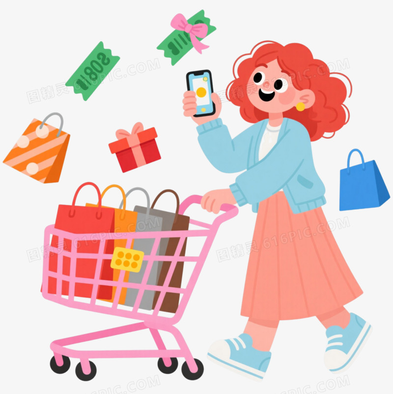 红发女孩购物扁平插画元素