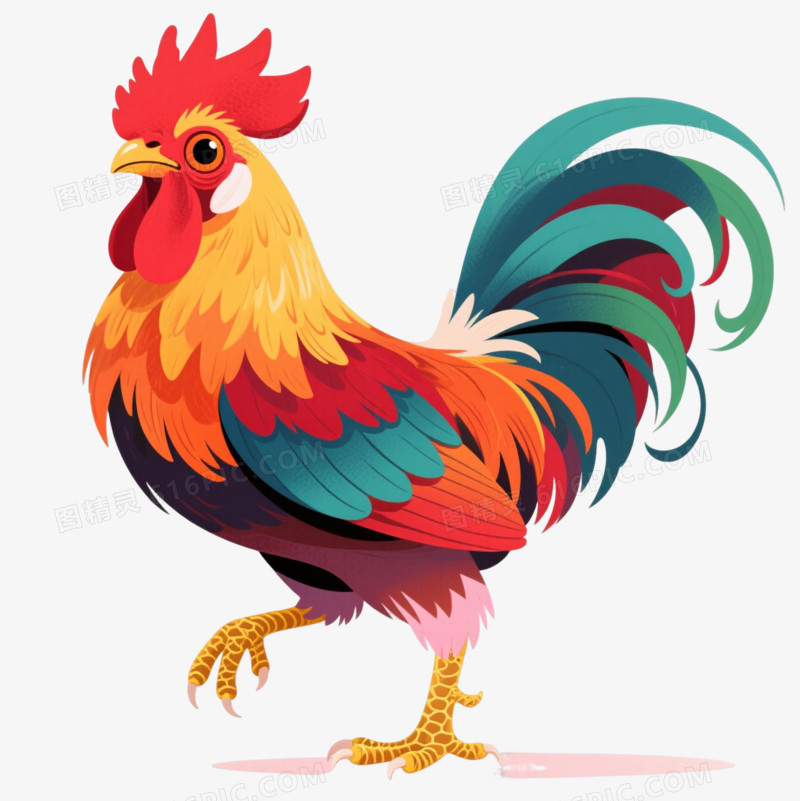 高饱和彩鸡扁平插画元素
